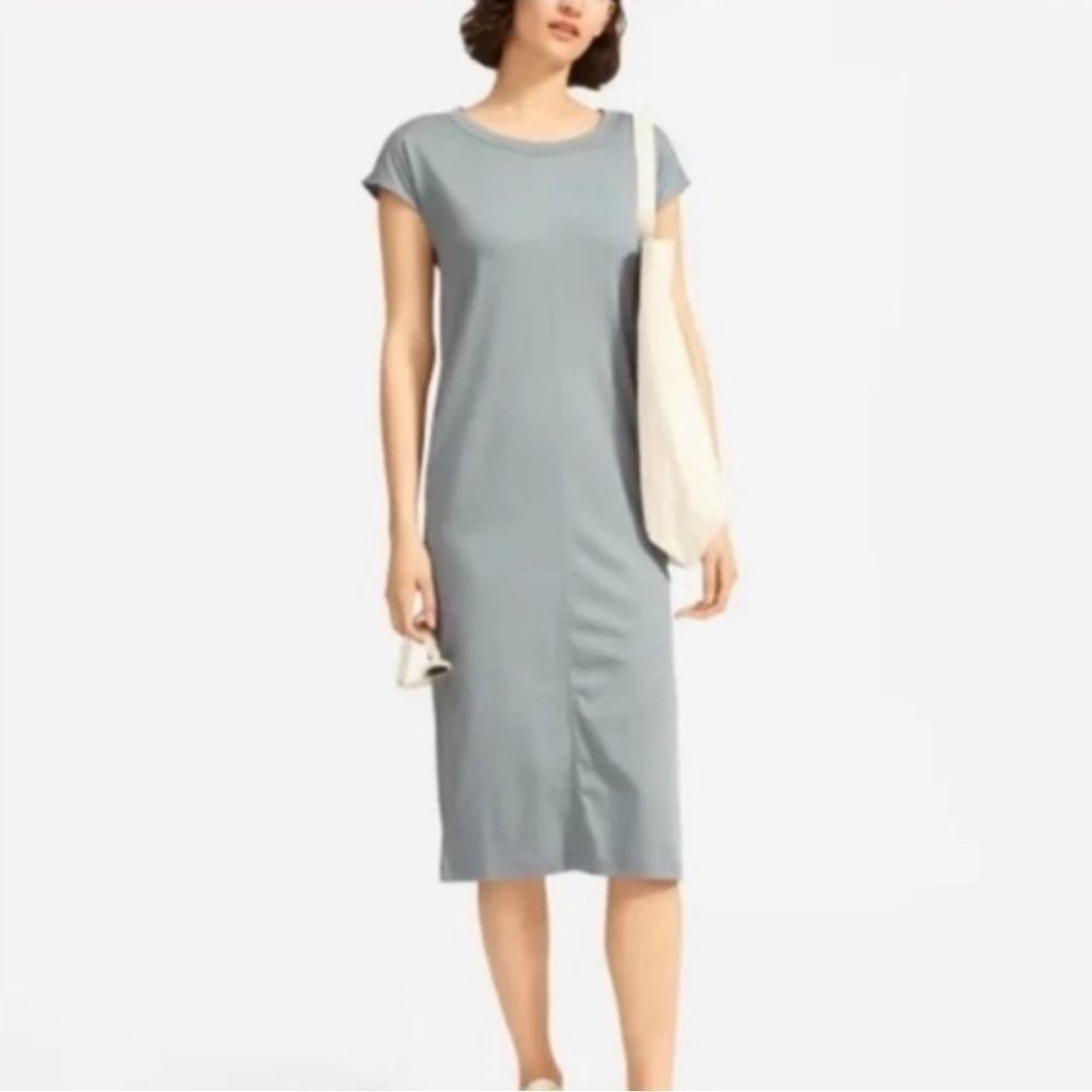 Everlane the luxe cotton side slit tee shirt midi dress sz small cap sleeve blue